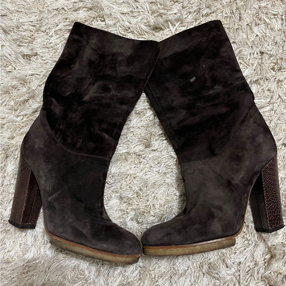 Lanvin Brown Suede Boots with Croc Embossed Heel Size 36 1/2